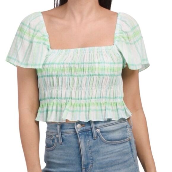 Zara smocked crop top puff sleeve green size large - Picture 1 of 11